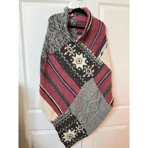 Honeybea Upcycled Patchwork Knit Wool Fringe Poncho Cape Asymmetrical Shawl